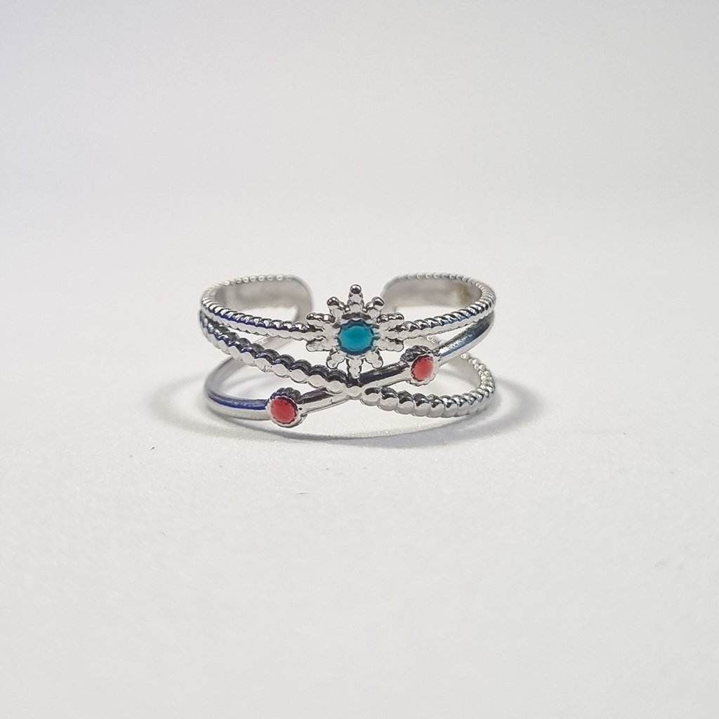 Anillo plateado con piedra turquesa y detalles rojos